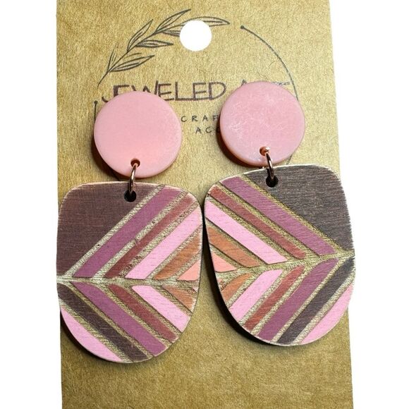Jewelry - JEWELED ART Boho Abstract Wood Earrings Pink Stud Back